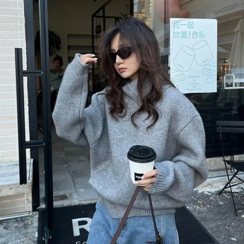 

Осень-зима свитер с высоким воротом серый темперамент модный свободный ленивый трикотаж сохраняют тепло новые топы женская одежда оптом
