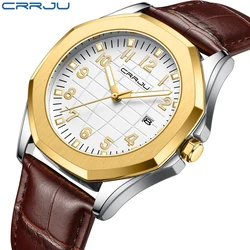 CRRJU Quartz Watch for Men Waterproof Men's Watch 6.5mm Ultra Thin Date Leather Strap Wristwatch Men Business Watch