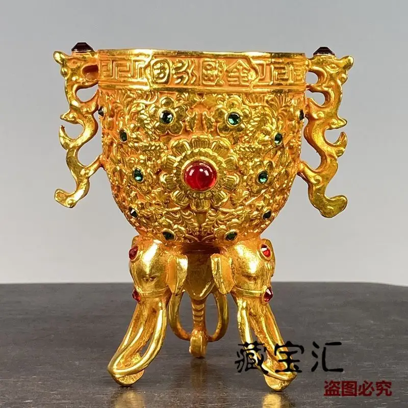 Rare Gem Inlaid Gilded Ancient Ouzhou Jiangshan Yonggu Tripod Elephant Nose Double Ear Bronze Wine Zun Old Collection