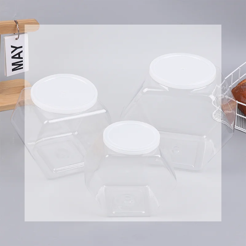 

Портативная прозрачная шестиугольная банка для конфет и печенья, пластиковая упаковка, герметичный контейнер для хранения продуктов с крышкой, кухонные принадлежности