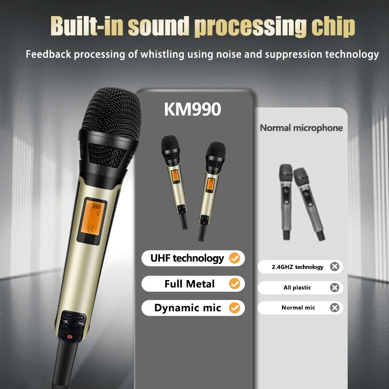 ميكروفون FUHAM اللاسلكي KM990 عالي الجودة، هيكل معدني كامل لمرحلة الأداء المباشر، الكنيسة كاريوكي أسود