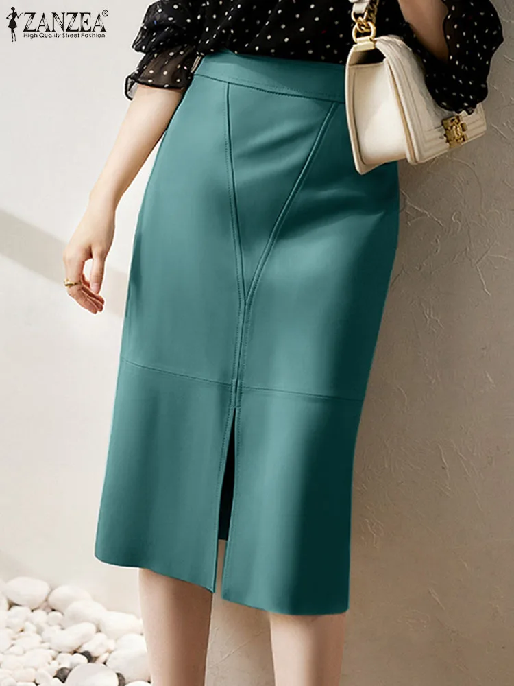 

ZANZEA Casual Falda Vintage PU Leather Skirts Women High Waisted Slit Jupes 2023 Autumn Bright Line Decoration Knee Length Skirt