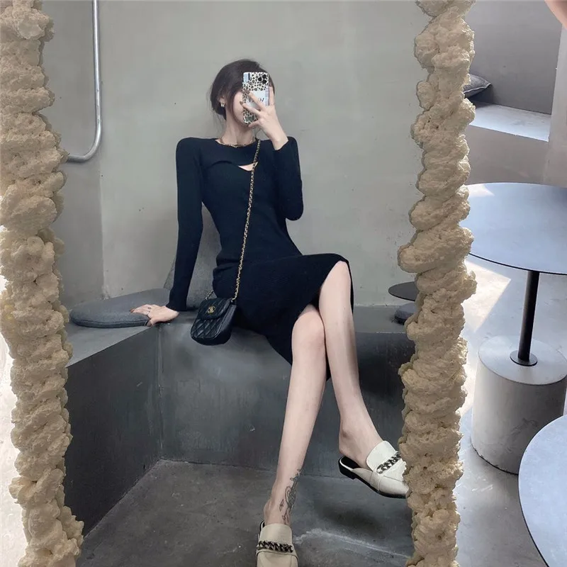 Fall 2024 New Black Underwear Underlay Cutout Knit Dress Small Hepburn Style Slim Slim Sweater Dress