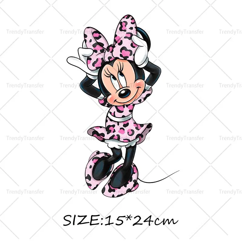 Roze Luipaard Minnie Mouse Karakter Opstrijkpatronen DTF Prints Warmtepersstickers voor kleding Strijkstickers