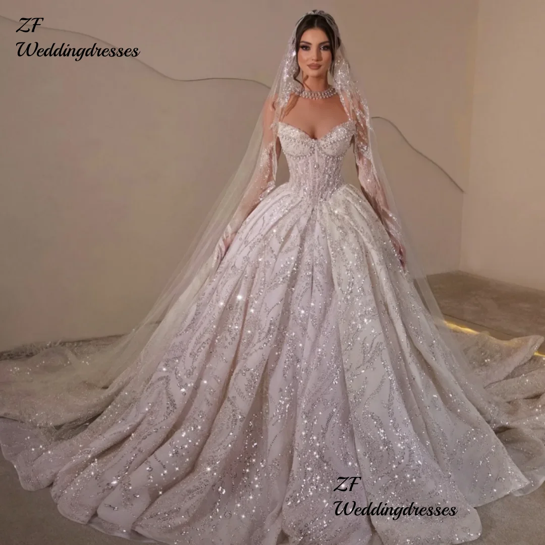 Customized  Wedding Dresses Sequins  Pearls Bridal Ball Gowns Strapless Sleeveless Princess Bride Dress Vestidos De Novia