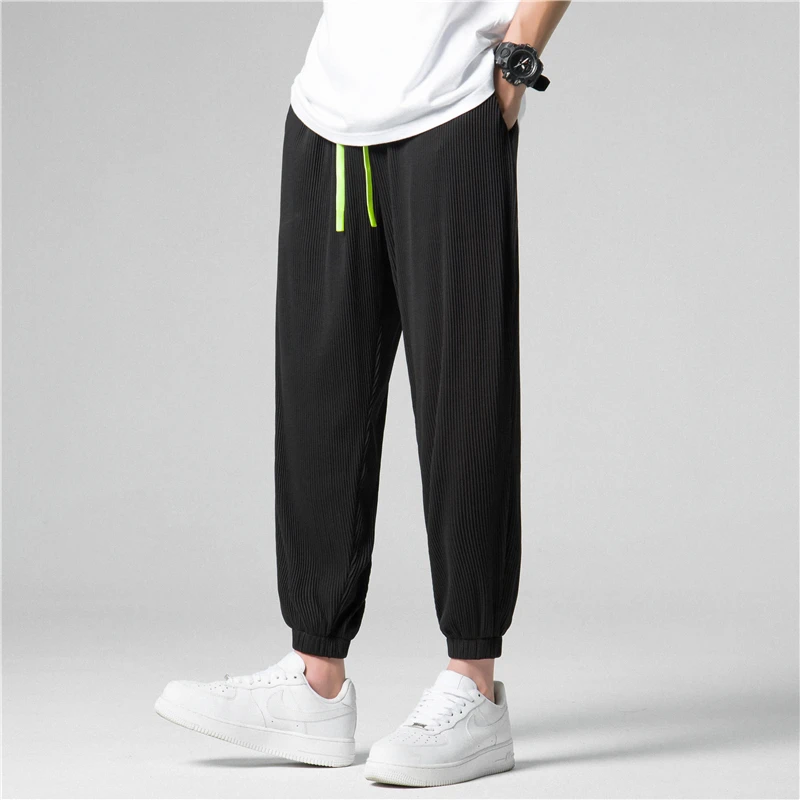 

Korean Sle Summer Wide Leg Pants Loose Trendy Thin Nine Foot Cuffed Casual Ice Silk Men's Faionable Loose Fit Harajuku Sle