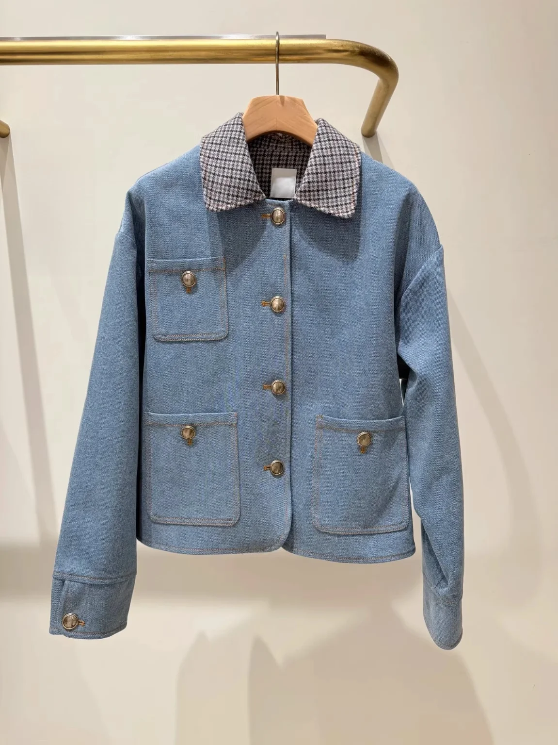 

Heidd Early Autumn 2025 Women's College Sle Plaid Long Sve Denim Jaet Loose Fit Cotton Button up irt