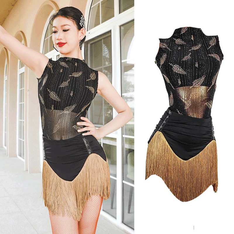 

Latin Dance Costume Summer Black Sleeveless Leotard Women Fringe Dance Skirt Adult Performance Outfit Dancer Practice Wear 3657