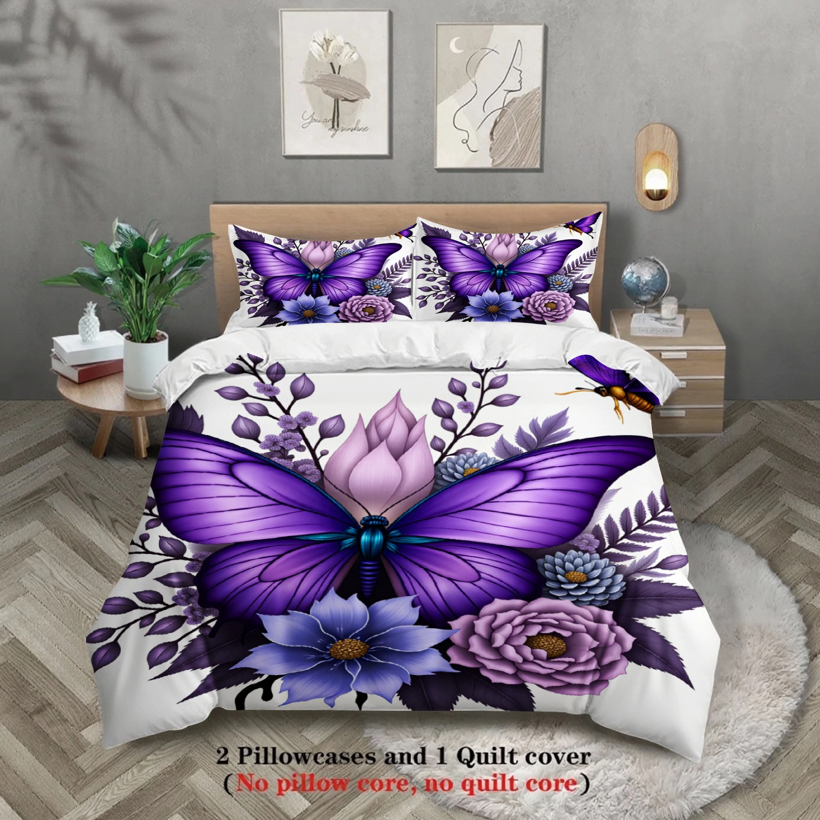 

Комплекты постельного белья с цветочным узором и бабочками, 3 шт., 3D-печать, фиолетовые бабочки и цветы, комплекты пододеяльников с наволочками, без наполнителя