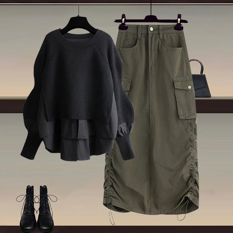 

Fashionable Commute High Waist Slim Fit Long Sleeve Fake Two-Piece Set Women's Spring New Style Versatile Workwear Skirt Set