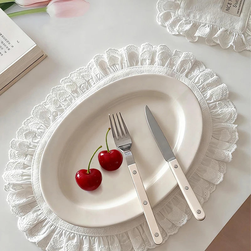 New European Solid Lace Tableware Mats Exquisite Oval Linen Insulation Pad for Hotel Restaurant Homestay Dining Table Decoration