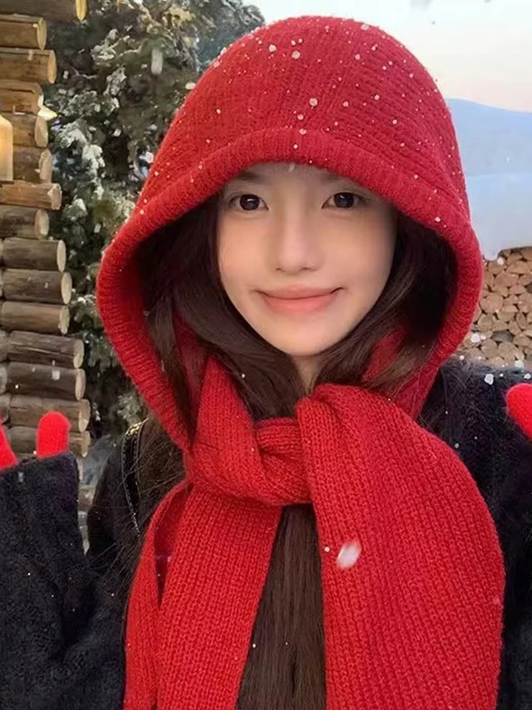 محبوك الشتاء الصوف بالاكلافا 1 قطعة منفذها قبعة وشاح الشتاء اكسسوارات مقنعين قبعة الرقبة الأذن حماية وشاح قبعة الطقس البارد #4