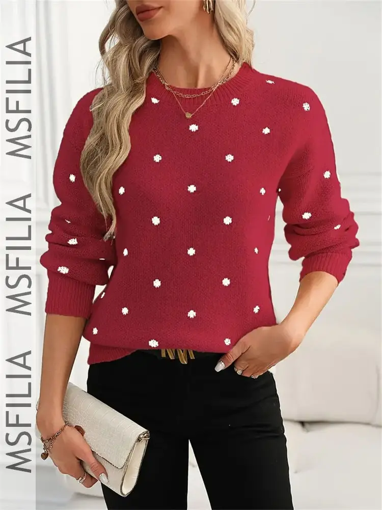 Msfilia Women's Fall/Winter Elegant Polka Dot Jacquard Sweater, Relaxed Fit Crew Neck Long Sleeve Pullover