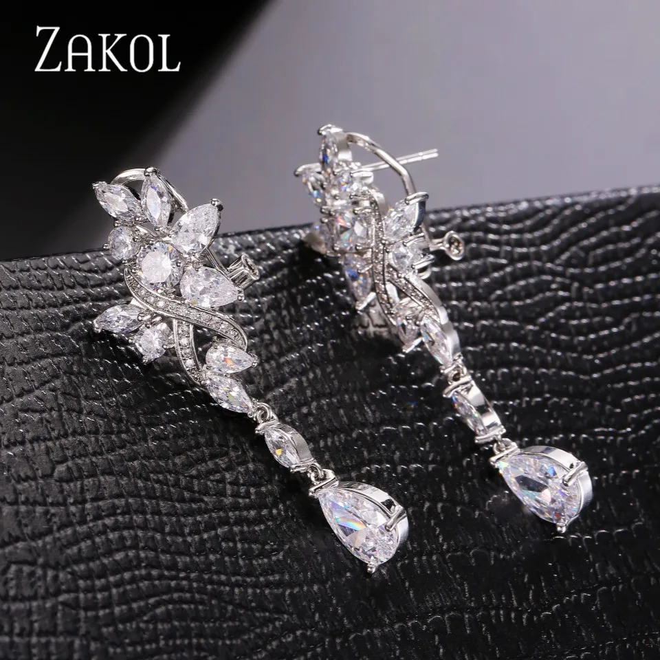 

ZAKOL Exquisite Teardrop Cubic Zirconia Flower Long Dangle Drop Earrings for Women Wedding Dinner Dress Jewelry Bride Bijoux