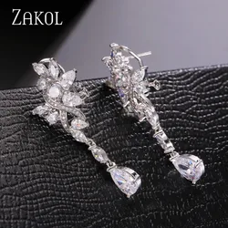 ZAKOL Exquisite Teardrop Cubic Zirconia Flower Long Dangle Drop Earrings for Women Wedding Dinner Dress Jewelry Bride Bijoux