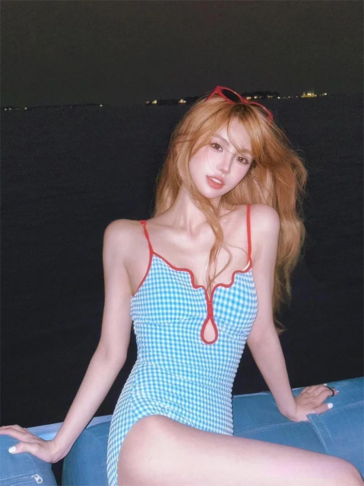 

Женский слитный купальник для пляжа и термальных источников, ретро-клетка, премиум-класса, большие размеры, скрывающий живот