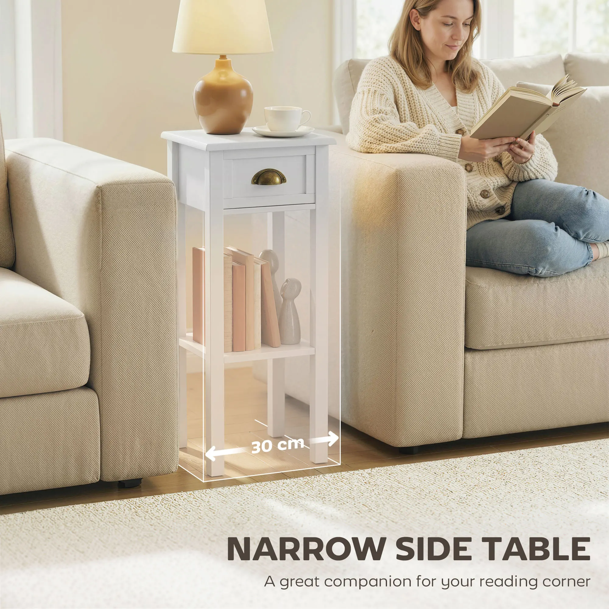Homcom Narrow End Table with Drawer and Bottom Shelf, Slim Side Table for Small Spaces, Skinny Modern Accent Desk for Living Room, Set of 1, White image 5
