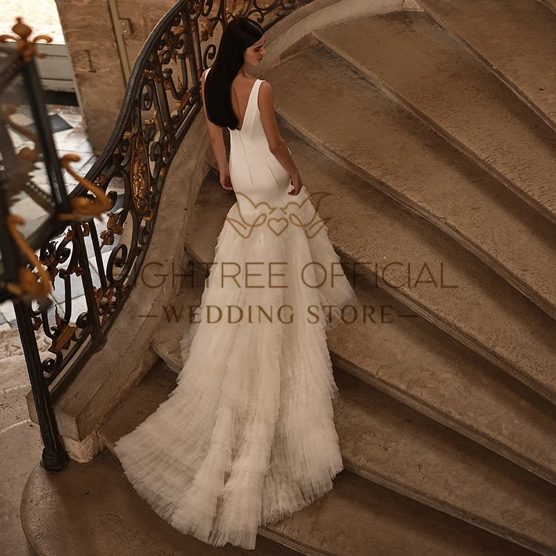 Eightree-vestidos de novia de sirena con cuello en V, traje de tul de satén con volantes, estilo bohemio, color blanco, 2025