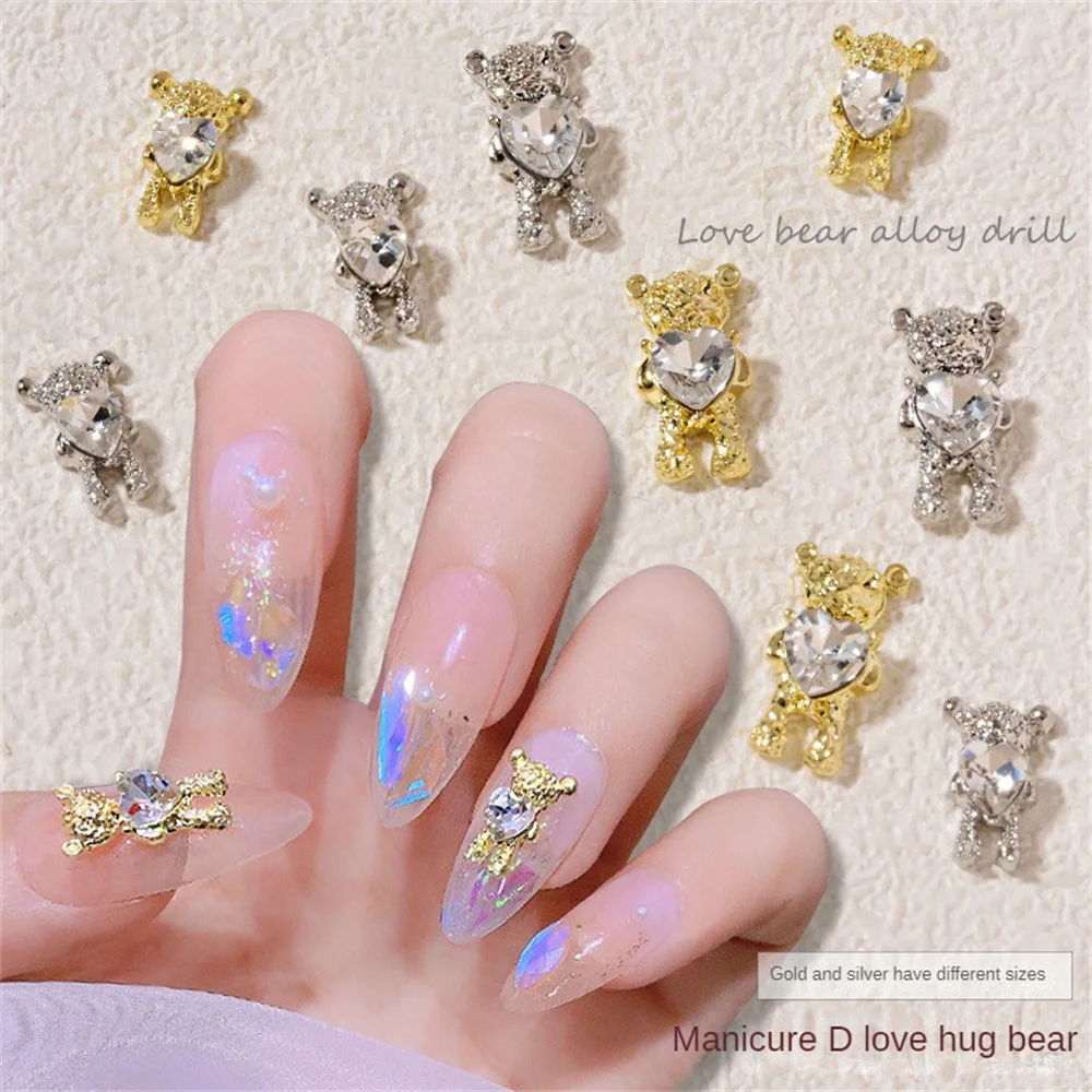 Decoración de uñas en forma de oso llamativo de dibujos animados, decoraciones de manicura de aleación, Plata duradera Li