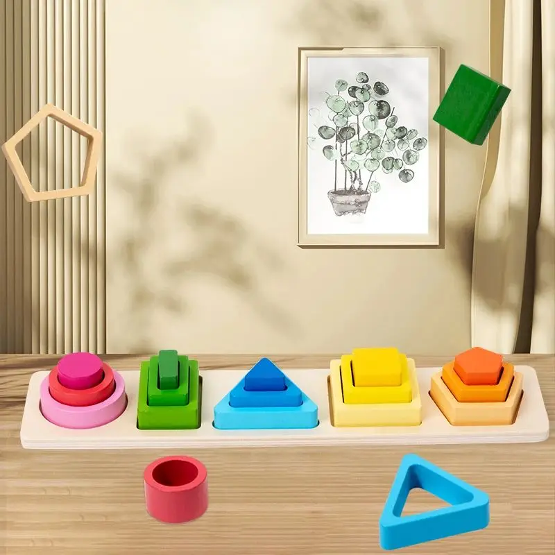 Montessori Wooden Sorting Stacking Toys Shape Color Sort Block Puzzles Toddler Geometric Stacking Toys for Baby Early Education