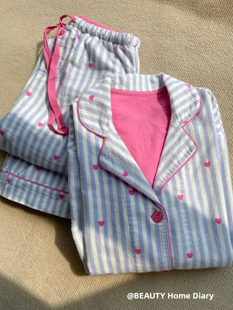 Sweet Oversize Cardigan Long Sleeve Heart Print Sleepwear Set Comfortable Skin-friendly Home Clothes for Young Women