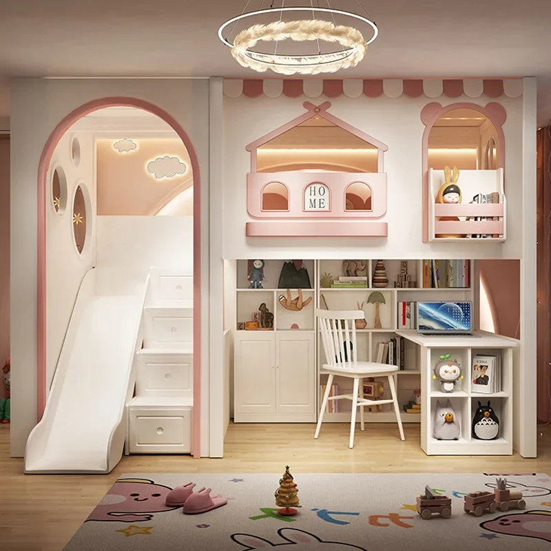 Children's bed All solid wood on the bed and off the table Integrated multi-functional two-story tree house  with arch space sav