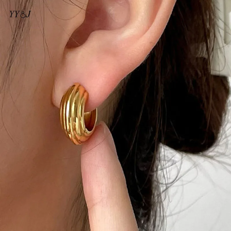 Gold color ridge chunky huggie hoop earrings for women stainless steel bold hoop earring punk minimalist jewelry delicate 2022