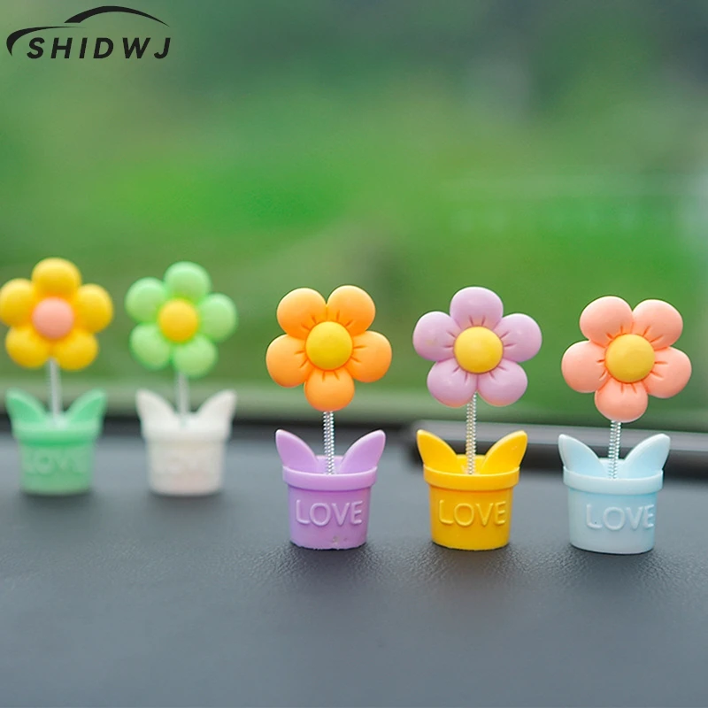 Cute Cartoon Car Center Console Decoration Simulated Potted Flower Desk Ornaments Creative Swinging Potted Car Decoration