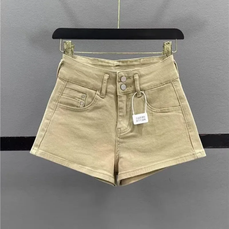 Women's Khaki High Waist Denim Shorts Double Button Casual Summer Hot Pants