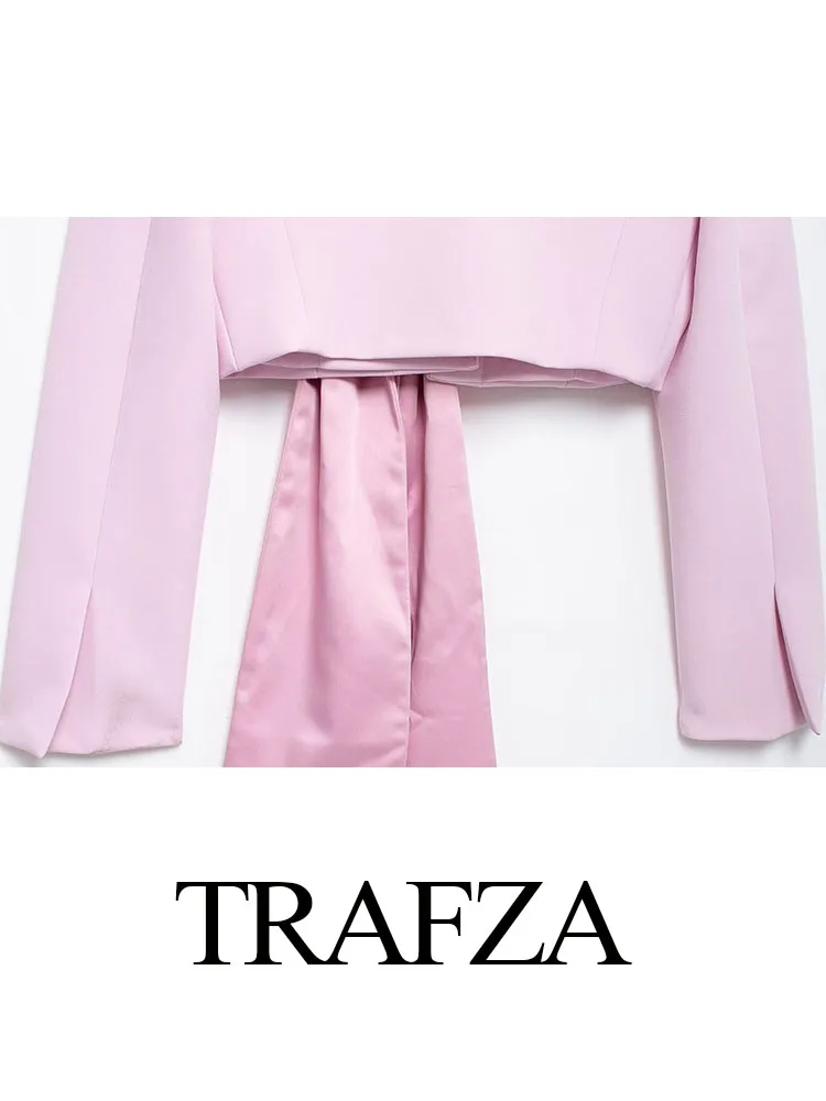 TRAFZA Elegant Woman Chic V-Neck Long Sleeves Open Stitch Short Coat Women Solid Color Bow Decorate Blazer Streetwear Mujer