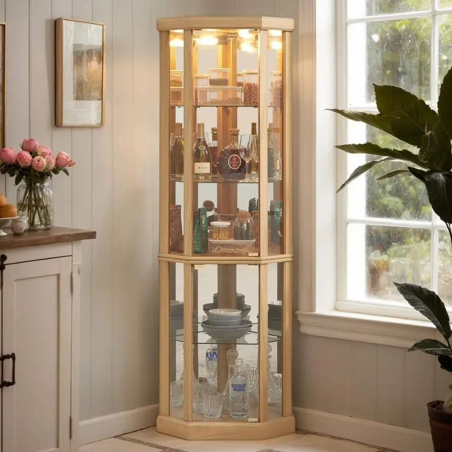 

Curio Cabinet, 70 H Lighted Glass Display Cage with Tempered Glass Doors and 5 Adjustable Shelves, Light Bulb Inclued, Wine Bar