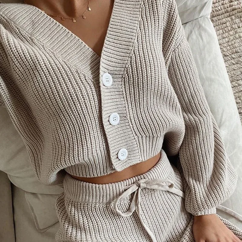 Matching Sets V Neck Cardigan Knit Sweaters Pant Sets Single Breasted Solid Wide Leg Pants Ankle Length Loose Button Casual