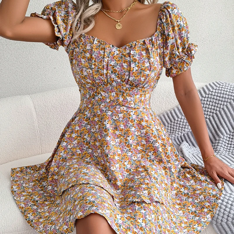 Vintage floral impressão feminina verão mini vestido casual boho manga curta praia vestido de verão elegante festa quadrado pescoço vestidos