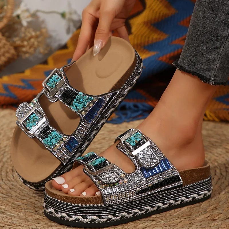 Metal Buckle Soft Sole Flip-flops Women's Outer Summer New Fashion and Versatile Rhinestone Wedge Non-slip Cool Slippers view 4