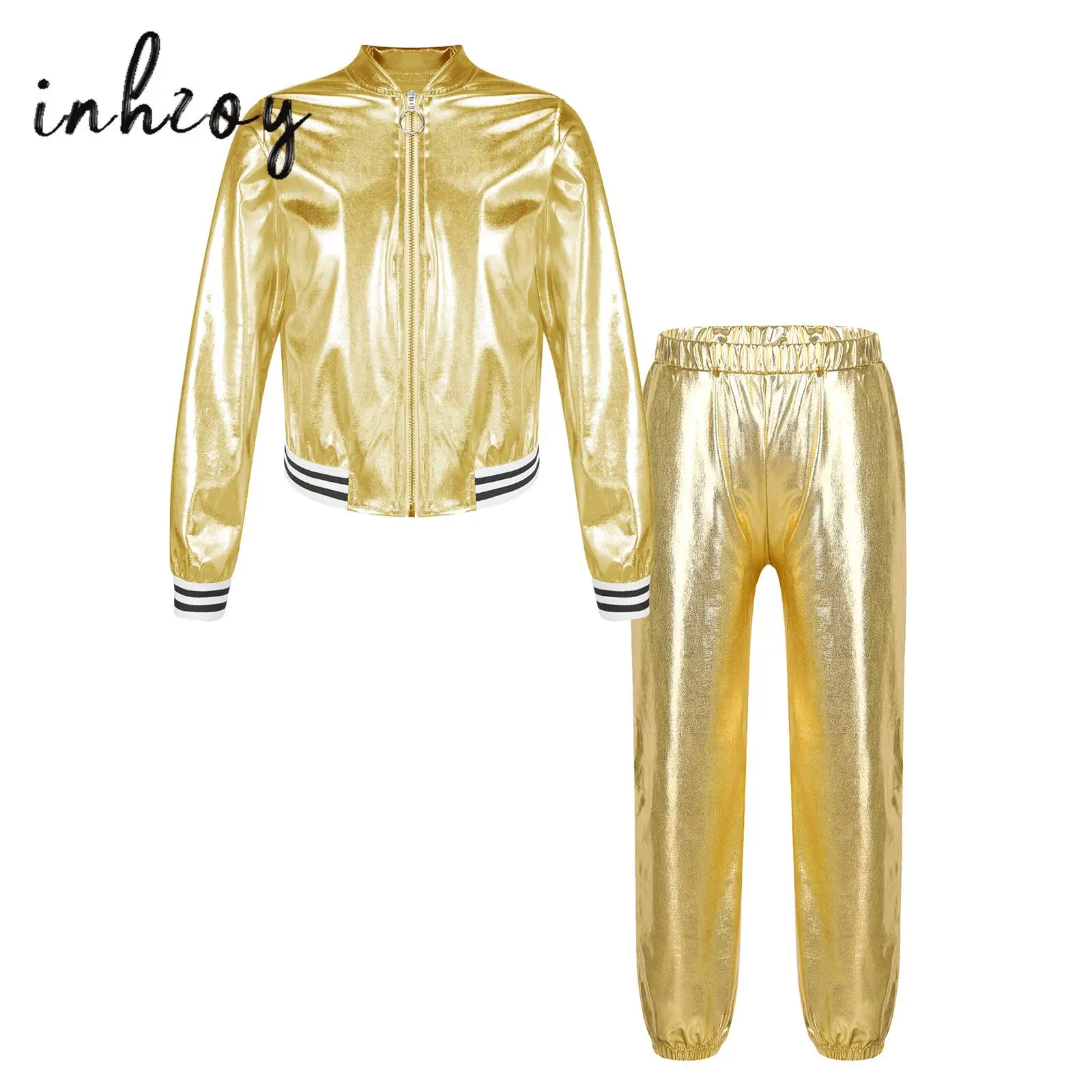 Kids Girls Metallic Hip Hop Tracksuit Shiny Metallic Jacket and Modern Dance Pants Set Holographic Modern Jazz Dance Outfit