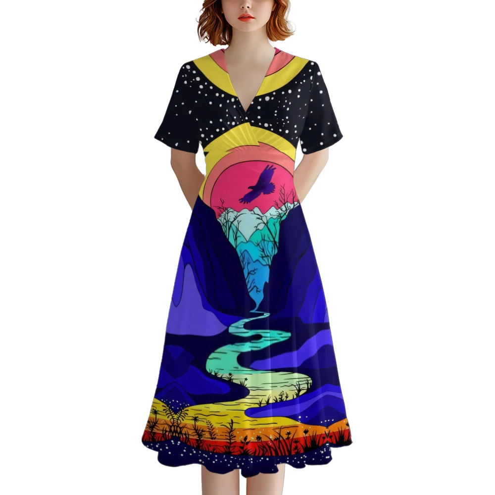 Summer Dress Fashion V Neck A-Line Dresses Women Landscape Print Dress Stylish Party Dresses Elegant Robe Trendy Girl Vestido