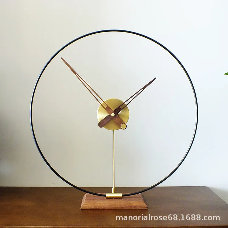 Scandinavian Modern Simple Spanish Clock Black Walnut Hand Brass Silent Model Room Table Clock Ornament