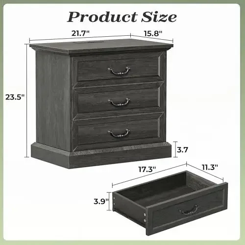 Nightstand with Charging Station, 3 Drawer Night Stand Set of 2, 22 Inch Wider Side Table with Storage, Farmhouse