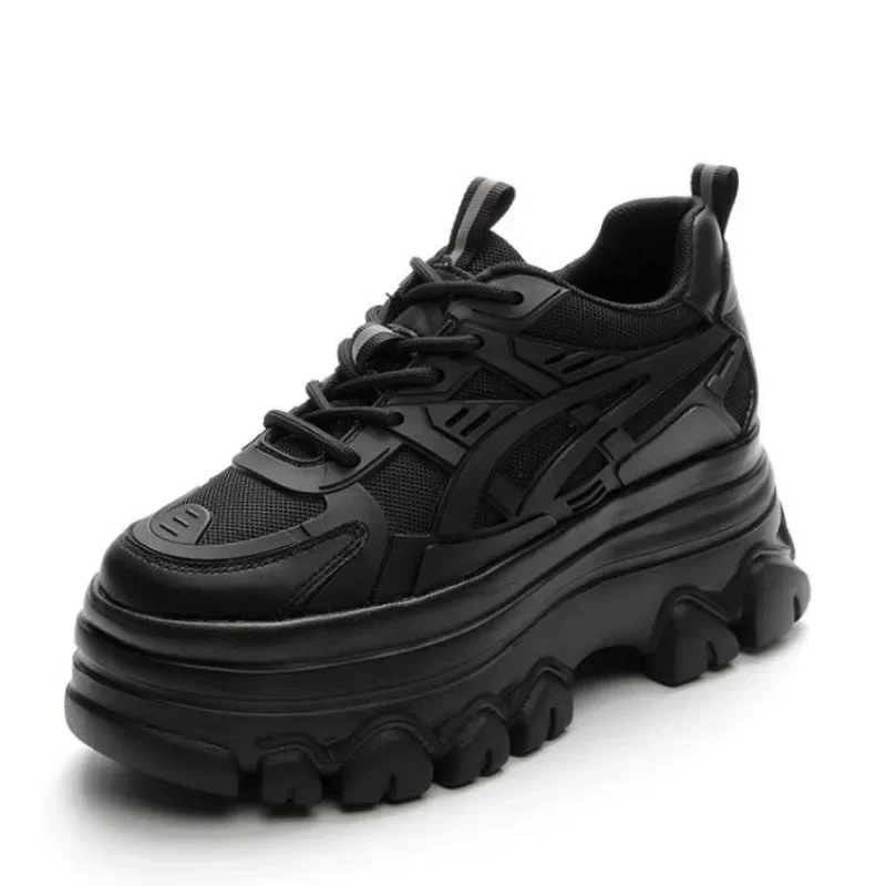 

9CM Genuine Leather Synthetic Platform Wedge Sneakers Chunky Hidden Heel Women Casual Females Autumn Winter Black Women Shoes