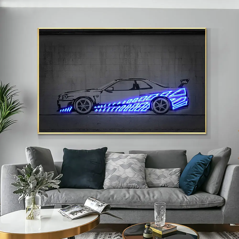 Car R34 Posters Canvas Painting Neon Prints Vintage Concrete Decor Fast Furious Pictures For Living Room Bar Decoration Gifts