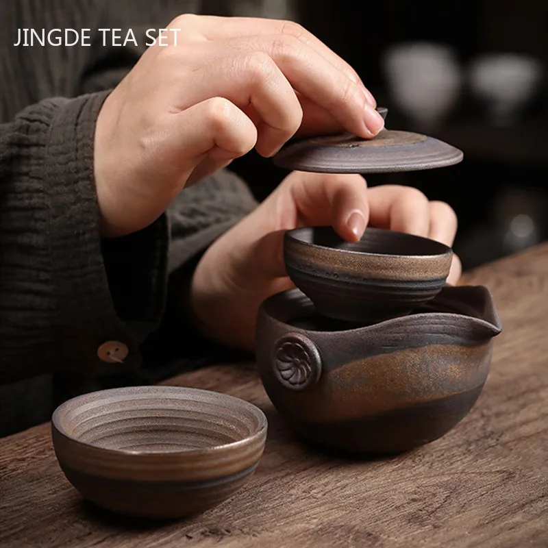 Retro Ceramics Teaware Suit Stoneware Kiln Change Teapot Chinese Tea Ceremony Travel Portable Tea Set One Pot and Two Cups