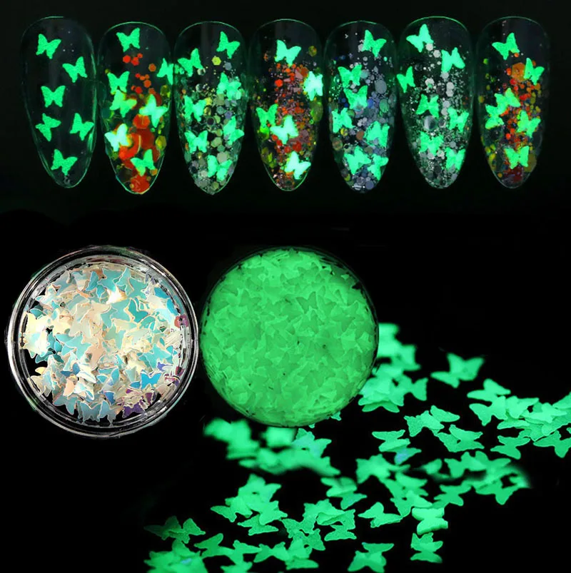 

1 Box Halloween Moon Flower Fluorescent Luminous Nail Art Glitter Sequins Nail Paillette Flakes Powder Dust Glow in the Dark