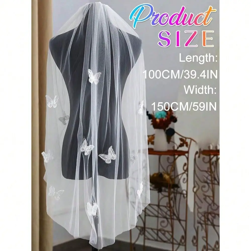 

Bride Wedding Veil With Butterflies Short 1 Tier Fingertip Length Bridal Tulle With Comb And Cut Edge