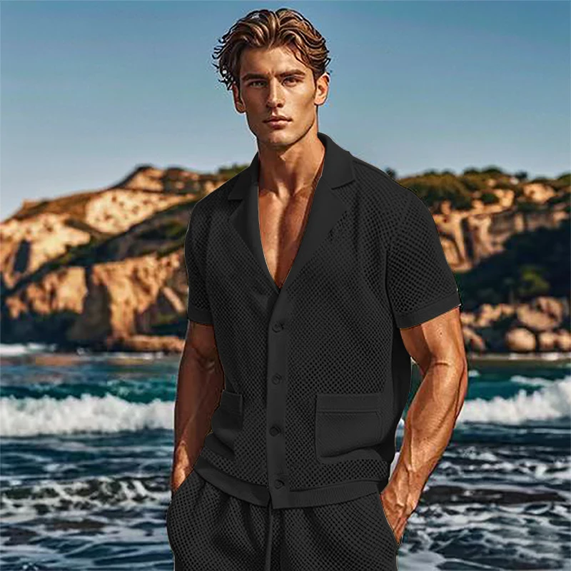 Independent Amazon hot selling men's hollowed-out perspective ice casual thin wear men short sleeve shorts suit