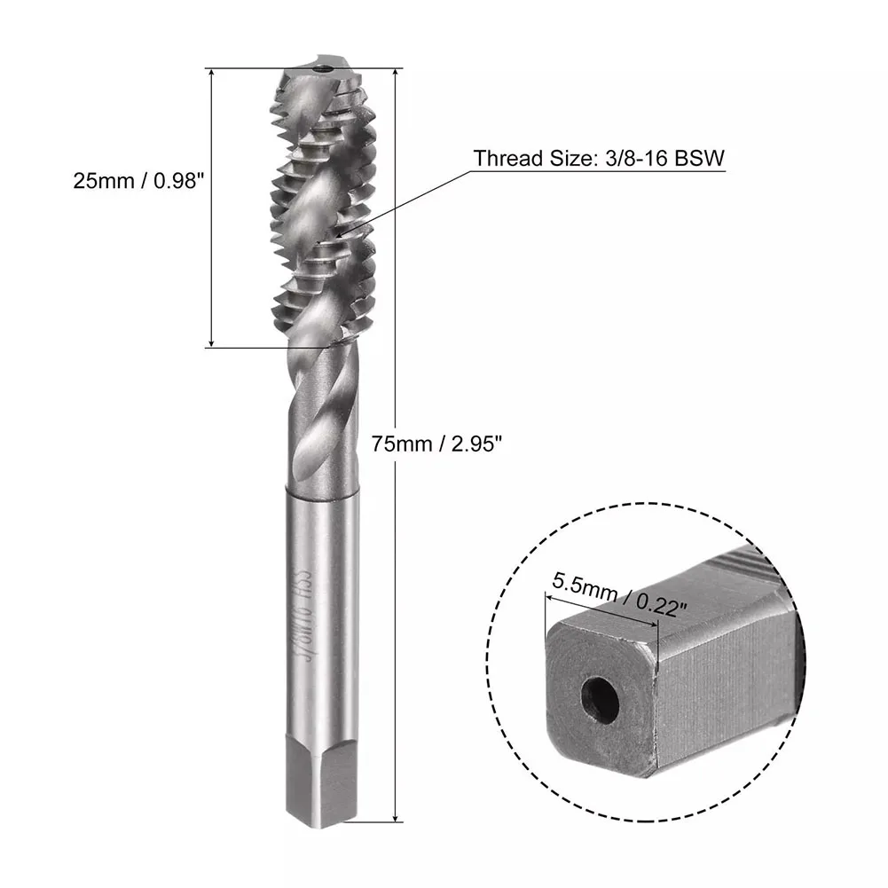 3/8-16 High Speed Steel Uncoated Machine Spiral Flute Thread Tap Right Hand 3 Flutes For Processing Holes Hand Tools Silver