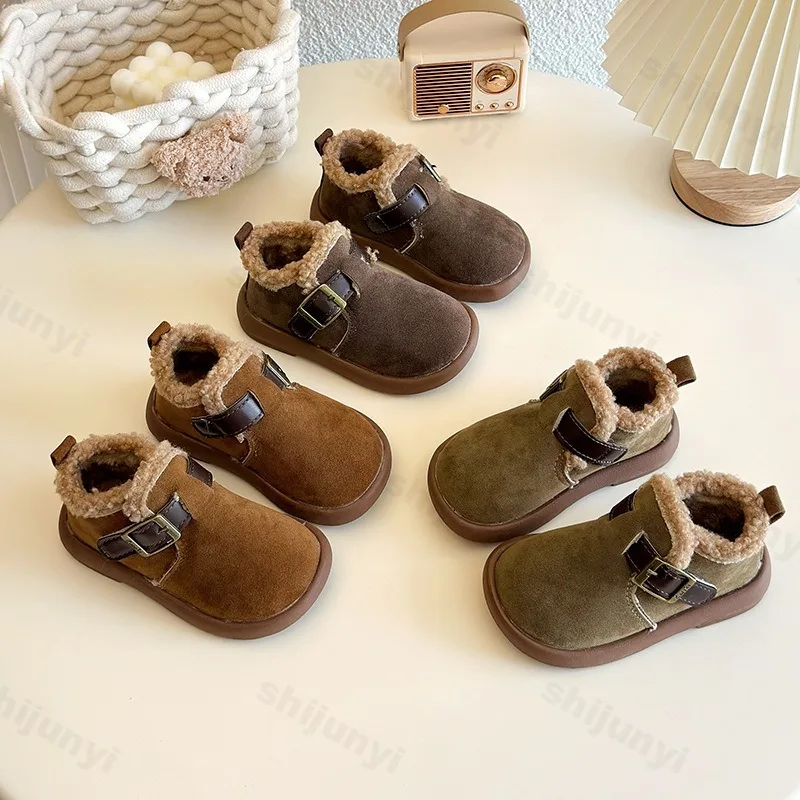 2025 Winter New Boys' Retro Warm Velvet High Top Short Boots Children Fashion Versatile Plush Comfortable Anti Slip Cotton Boots