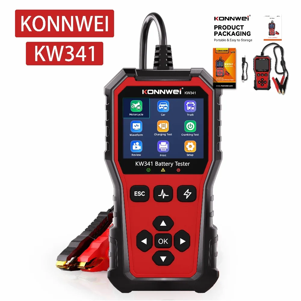 KONNWEI KW341 autó, motor, teherautó akkumulátor teszter 6V, 12V, 24V, hibaadatok nyomtatása, indítási feszültség teszt, autó akkumulátor töltés szkennelési eszközök