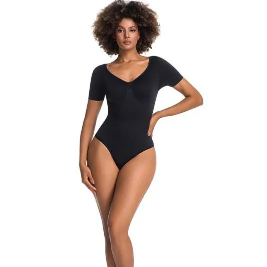 Naadloze korte mouw bodysuit, naadloze V-hals shapewear, hoge taille, knoop body shaper, onzichtbare, één geheel, buikcontrole