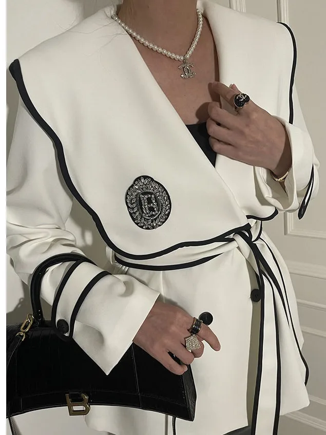 

Slimming Effect Naval Collar Belted Waist Women's Spring Coat Jaet Dongda Gate 2026 New Design Loose Fit Long Sve Cotton