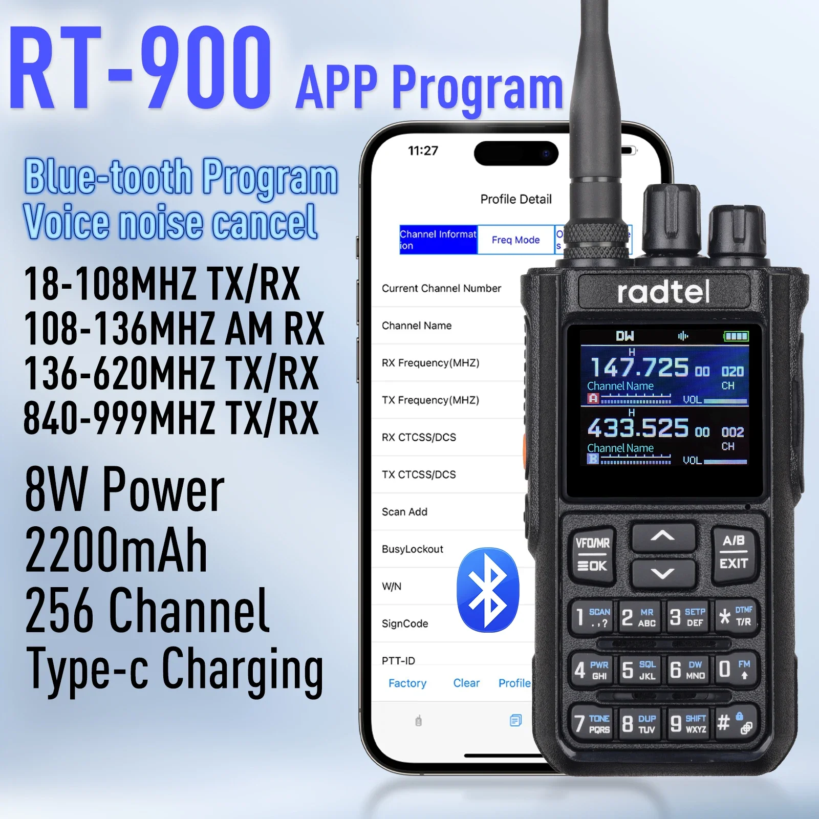 Radtel RT-900 10W Full band Ham Radio Walkie Talkie 256CH Air Band Two Way Radio Station Aviation NOAA Police Marine River PTT